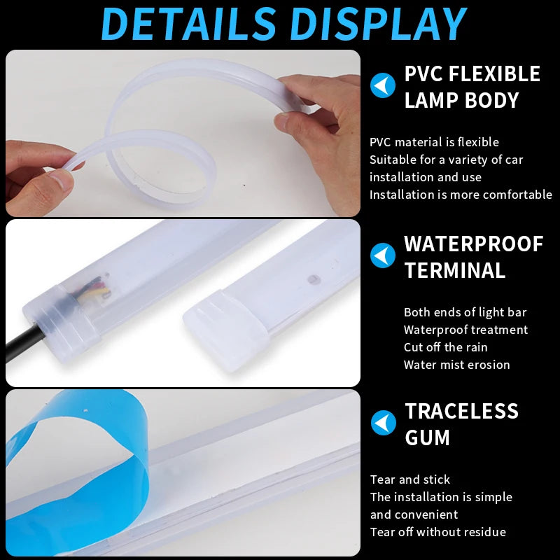 Lot de 2 Bandes LED DRL Flexibles & Étanches 12V - Feux de Jour Blancs et Clignotants Dynamiques Jaunes